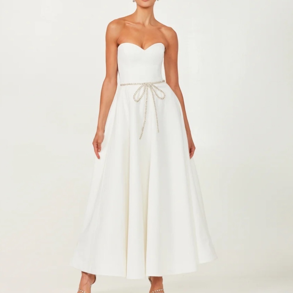HELSI Grace Sweetheart Strapless Crystal Bow White Midi Dress XS